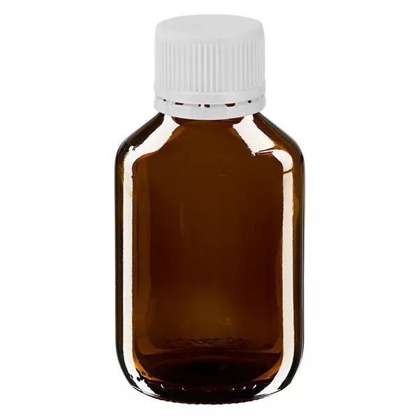 Frasco de medicamento de 100ml castanho, tampa branca com anel inviolável ApoGlas Frasco de medicamento de 100ml castanho, tampa branca com anel inviolável ApoGlas