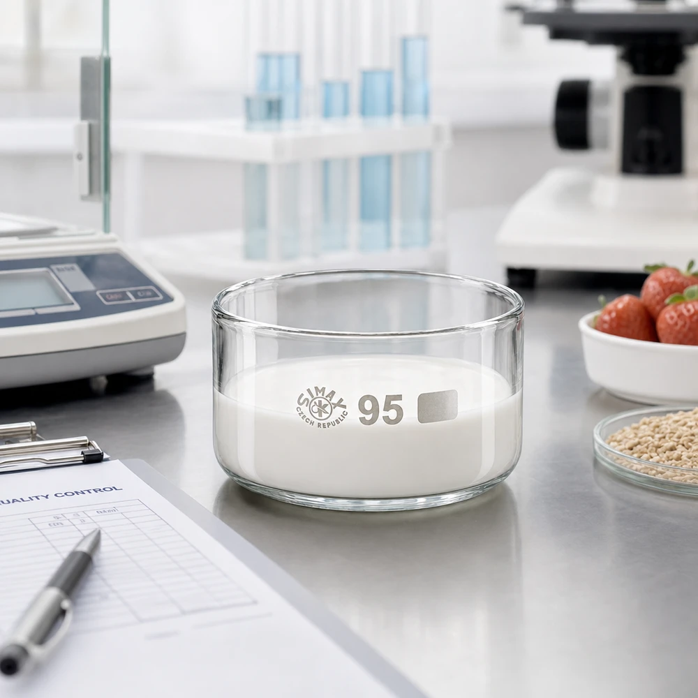 300ml Kristallisierschale ohne Ausguss Borosilikat ø95mm Pó branco como o leite na taça de cristalização Simax de 300 ml, laboratório de controlo de qualidade alimentar, 95 mm