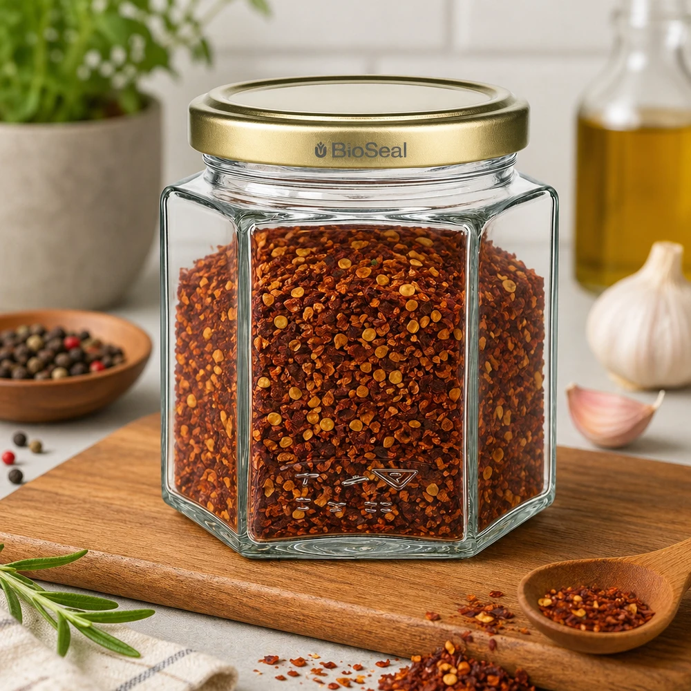 520g Honigglas mit goldenem Deckel BioSeal UNiTWIST O frasco de mel BioSeal de 520 g cheio de flocos de malagueta mostra uma utilização versátil para especiarias e armazenamento