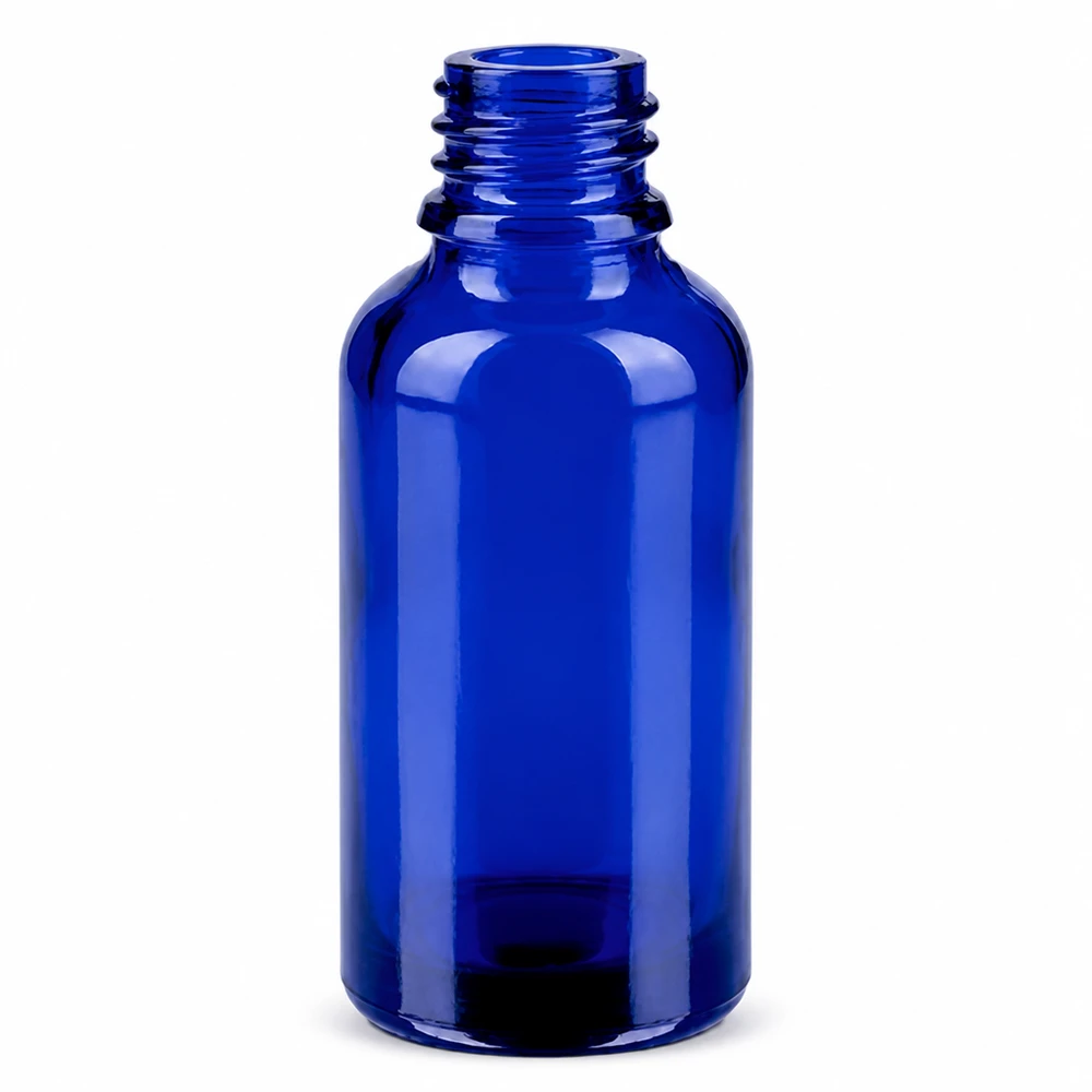 Frasco de vidro de 30 ml azul com tampa de conta-gotas de 0,8 mm para óleos essenciais e cosméticos