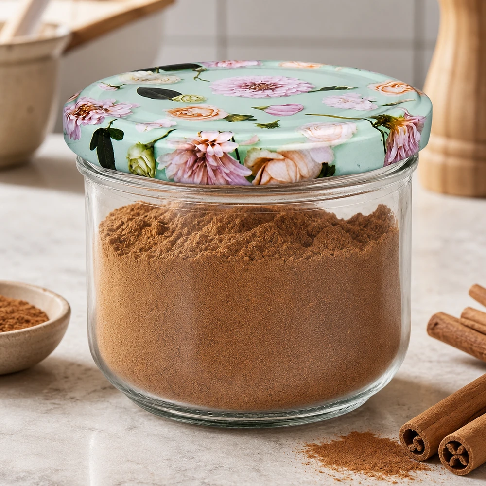 Copos de vidro de 260 ml + tampa BasicSeal flor menta UNiTWIST Copos de 260 ml com tampas de flores BasicSeal cheios de canela em pó, paus de canela como decoração em balcões de cozinha