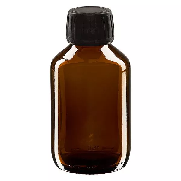 Frasco de medicamento de 150ml castanho, tampa preta com anel inviolável ApoGlas Frasco de medicamento de 150ml castanho, tampa preta com anel inviolável ApoGlas