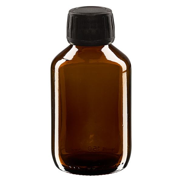 Frasco de medicamento de 150ml castanho, tampa preta com anel inviolável ApoGlas