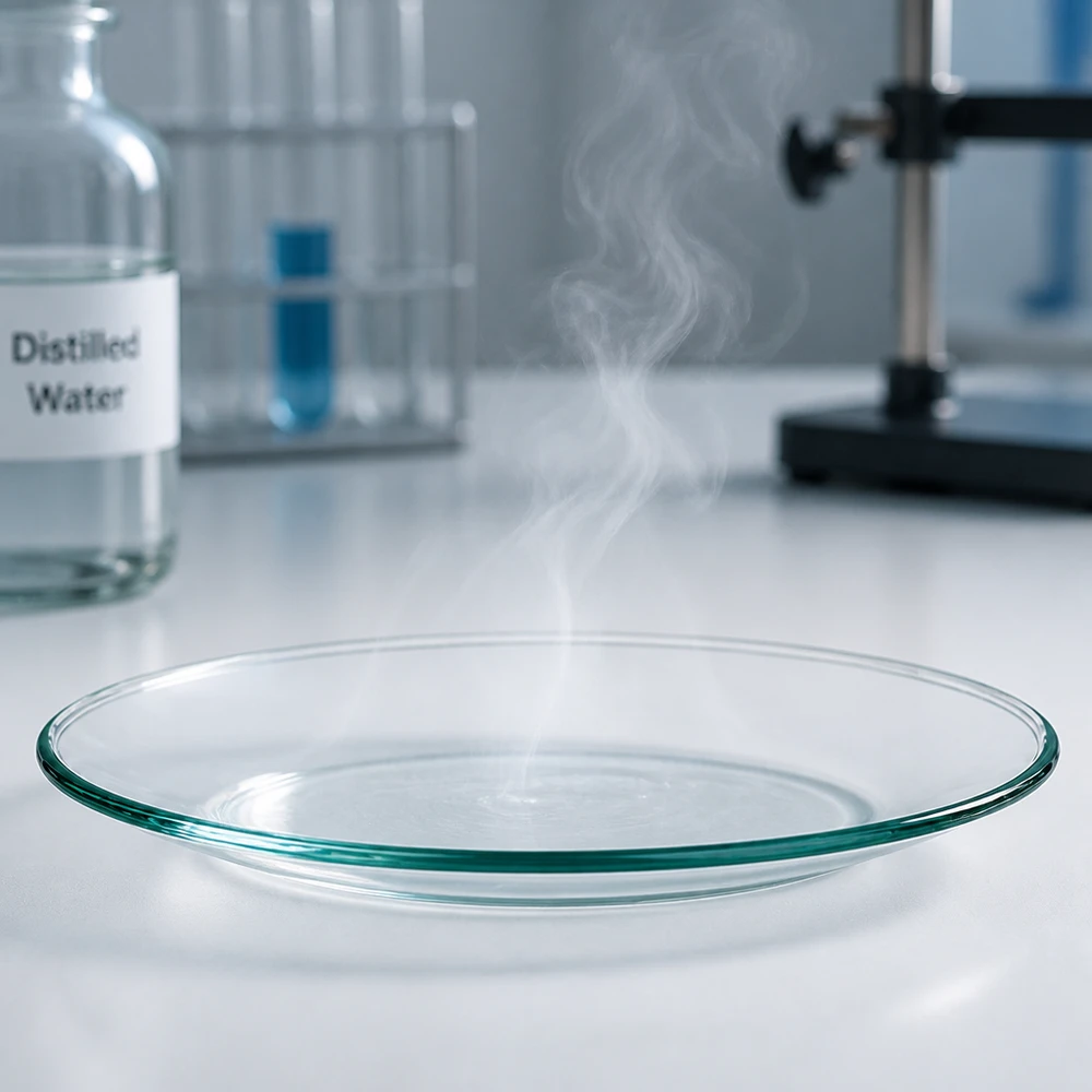 Prato de vidro para relógio de vaporização 80mm mostra o processo de evaporação em laboratório de química profissional