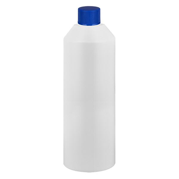 Frasco de farmácia HDPE 250ml branco, com tampa de rosca azul