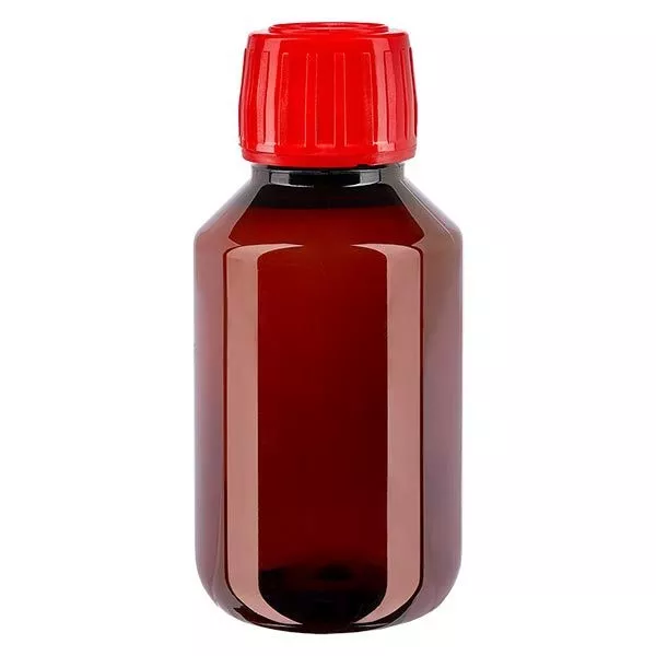 Frasco PET 100ml com tampa inviolável vermelha Frasco PET 100ml com tampa inviolável vermelha