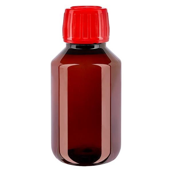 Frasco PET 100ml com tampa inviolável vermelha Frasco PET 100ml com tampa inviolável vermelha