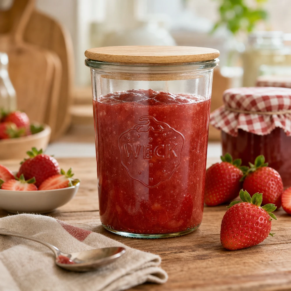 Copos de vidro WECK RR100 de 850ml com tampa de madeira Frasco de conserva WECK 850ml cheio de compota de morango tampa de madeira cena de cozinha morangos frescos decoração