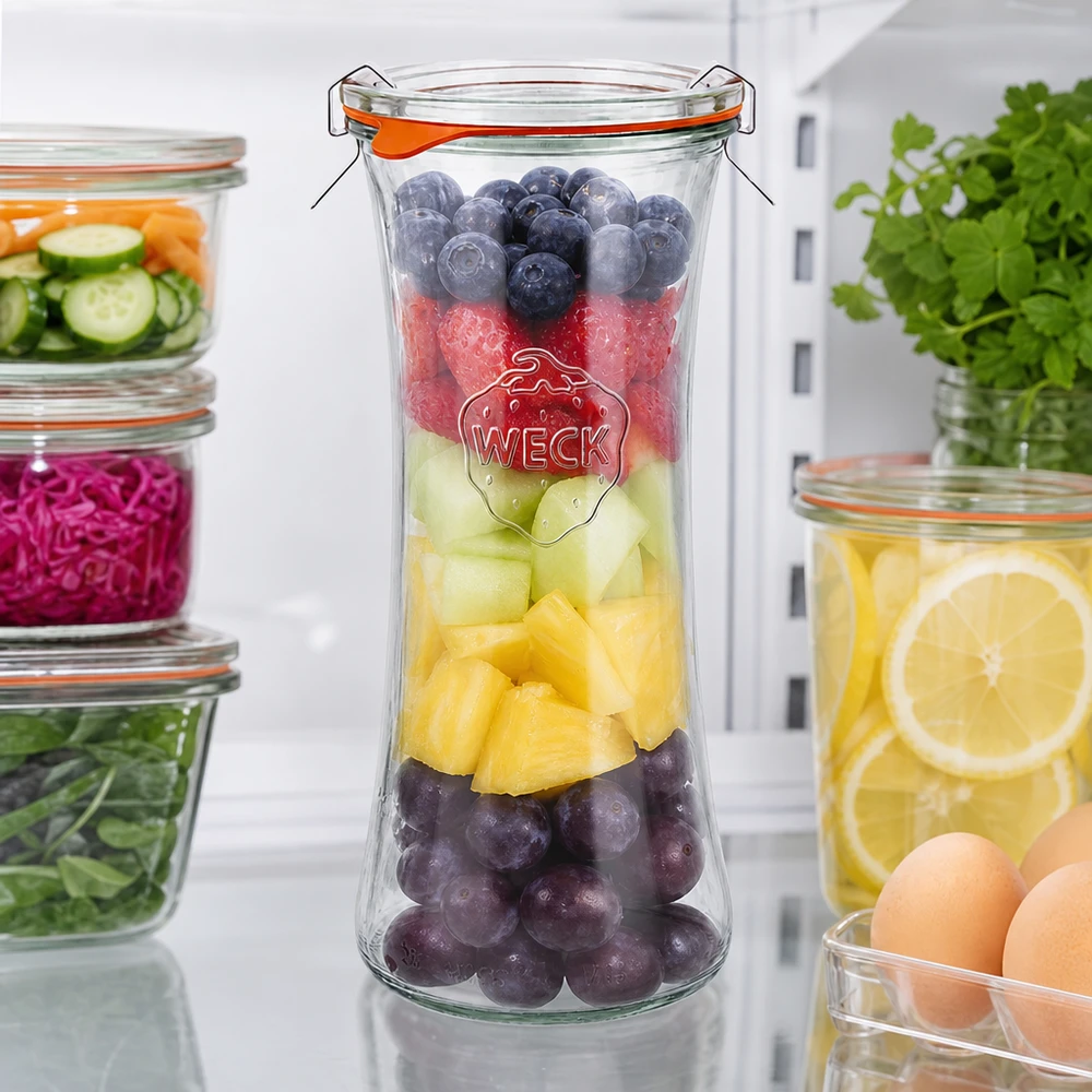 Frasco de charcutaria WECK 700ml RR80 cheio de salada de fruta colorida, frasco de conserva com tampa basculante para fruta fresca