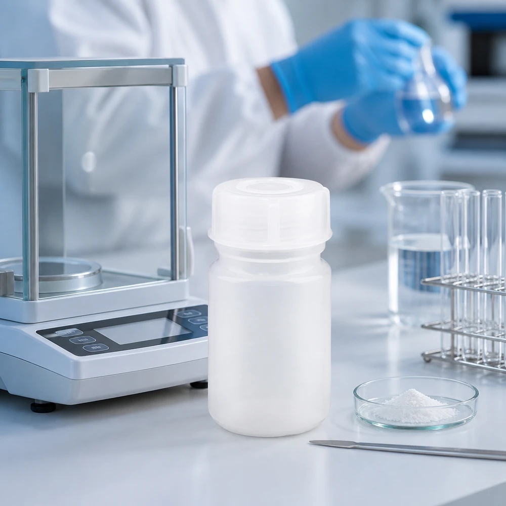 Frasco de laboratório branco de 50 ml com gargalo largo, ao lado de uma balança de análise e de uma placa de Petri com pó
