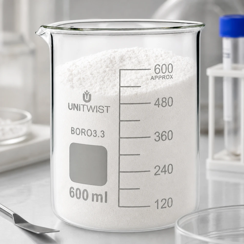 Copo de vidro UNiTWIST de 600 ml, cheio de pó branco até acima da marca de 600 ml, de borossilicato, de laboratório