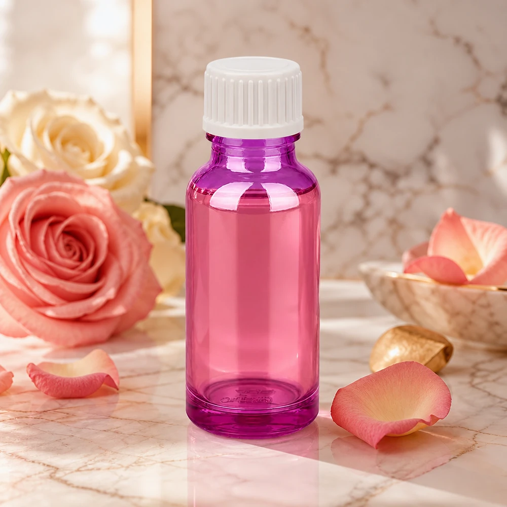 Frasco conta-gotas de 20 ml em plástico de alta qualidade na cor roxa para aplicações cosméticas