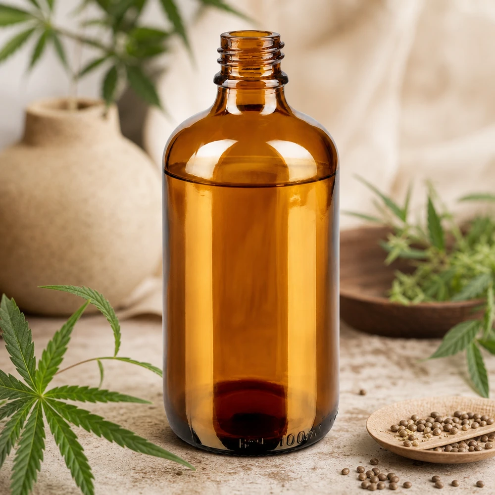 Frasco de boticário castanho ApoGlas de 100 ml com plantas de cânhamo de canábis e sementes de coentros sobre mesa de madeira
