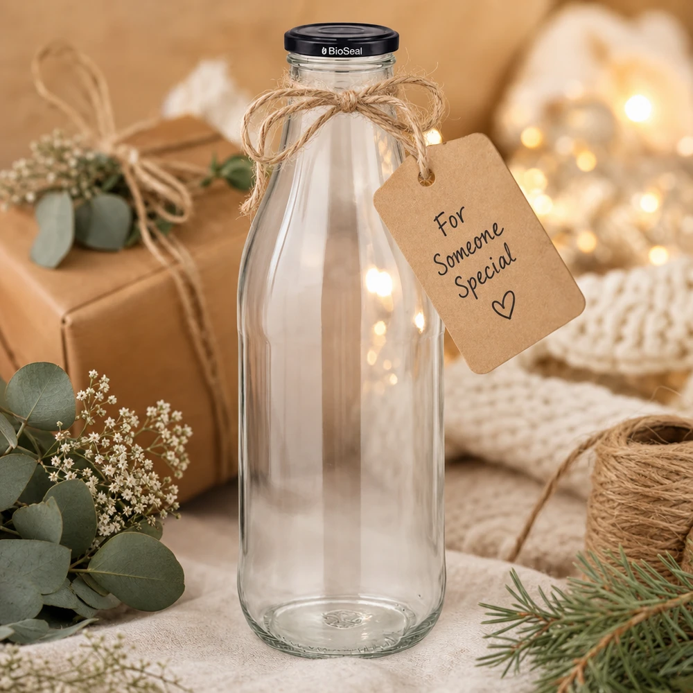 Garrafa de vidro de 1000 ml com tampa preta embalagem para oferta cordão de juta pendente decoração sustentável e ecológica