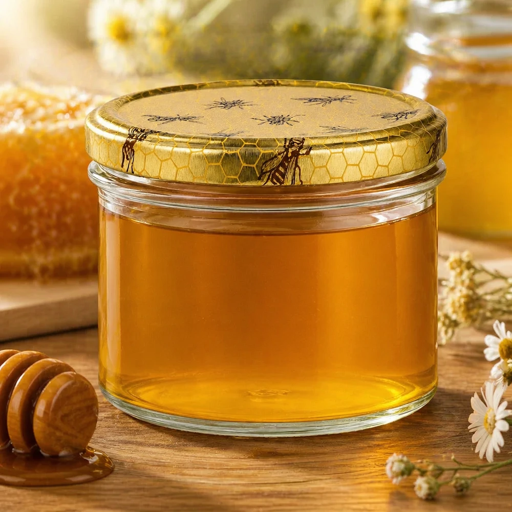 250g Honigglas mit Bienenwabe Deckel BasicSeal UNiTWIST Frasco de mel de 250 g com tampa em forma de favo de mel cheio de mel dourado ao lado de uma colher de mel e flores de camomila