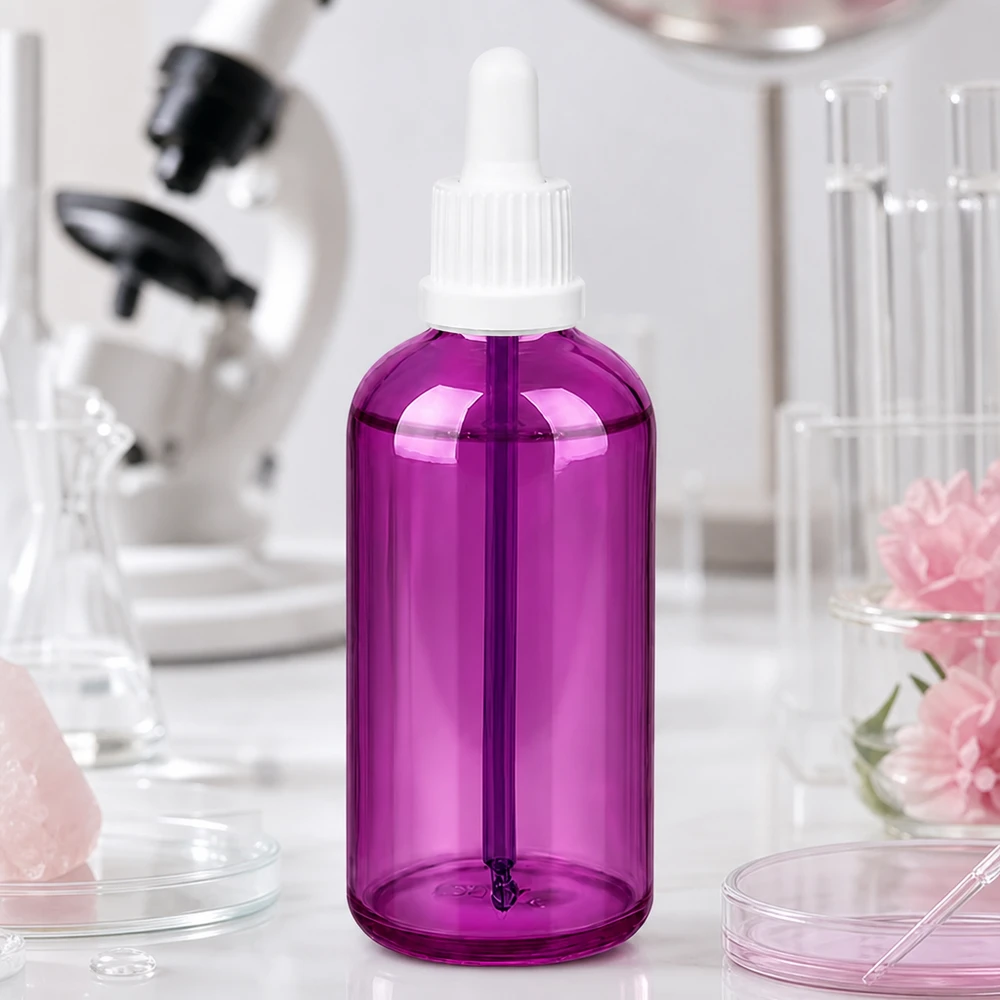 Frasco de 100 ml para pipetas com tampa de rosca branca Originality PurpleLine UT18/100 Frasco conta-gotas roxo transparente de 100 ml com tampa branca para aplicação precisa de líquidos