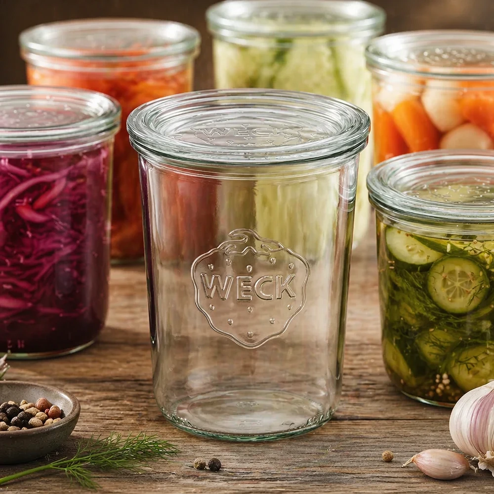 Frasco de vidro de 850 ml com tampa de vidro WECK RR100 WECK Sturzglas 850ml RR100 mit eingelegtem Gemüse und Gewürzen zeigt Einmachen und Fermentieren im Haushalt