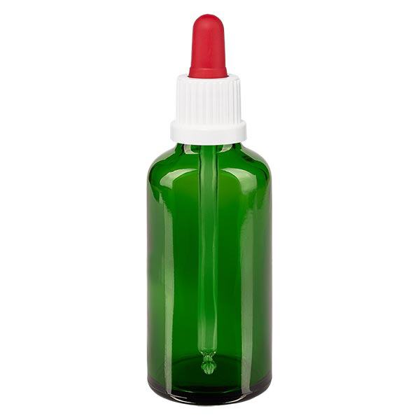 Frasco de farmácia verde 50ml pipeta branca/vermelha fecho inviolável Frasco de farmácia verde 50ml pipeta branca/vermelha fecho inviolável
