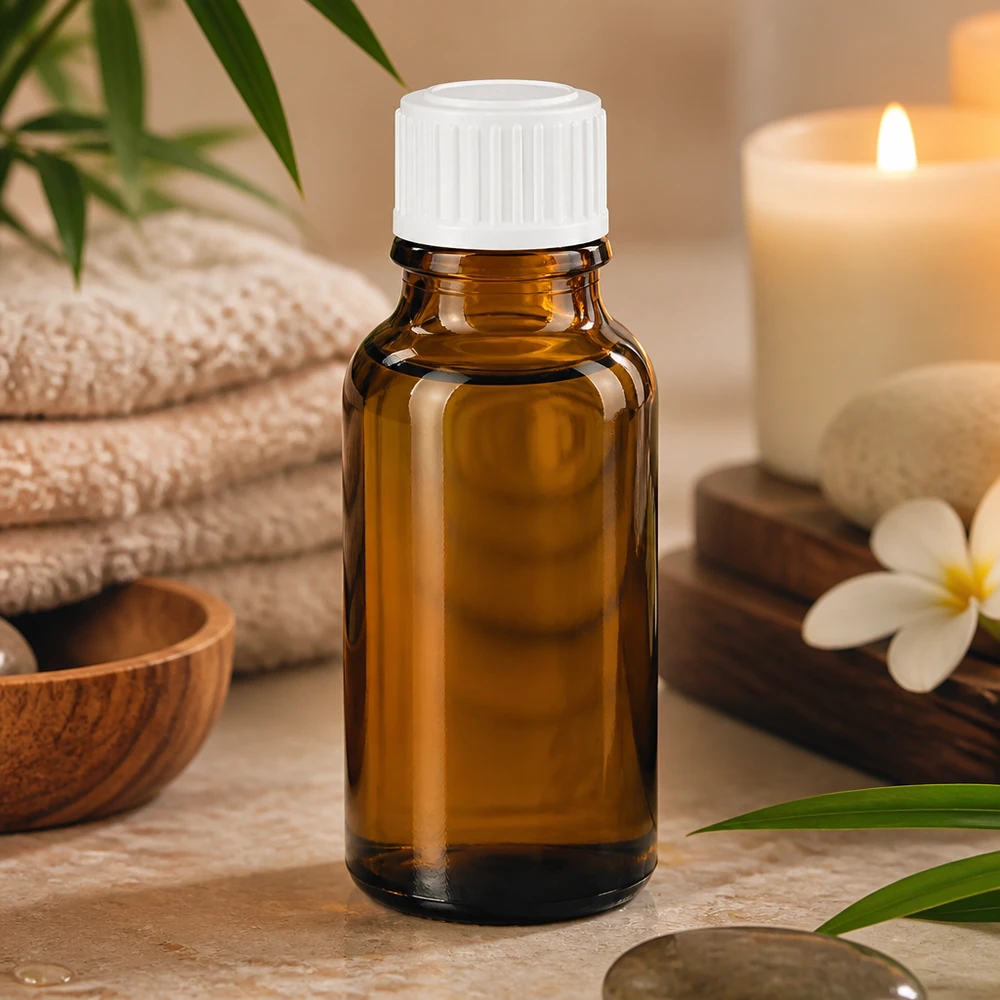 Frasco de farmácia castanho 20ml com tampa de rosca branca standard Frasco de farmácia de vidro castanho de 20 ml com tampa branca, sobre mármore, ao lado de uma vela e de uma plumeria