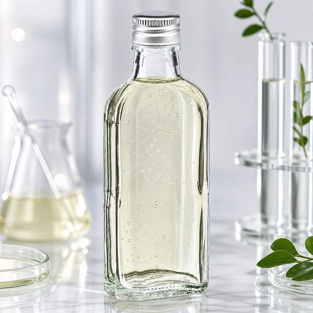 100 ml Meplat transparente com tampa de alumínio prata PP22 Pequeno frasco Meplat de 100 ml em vidro transparente com tampa de rosca em alumínio prateado PP22 e bolhas