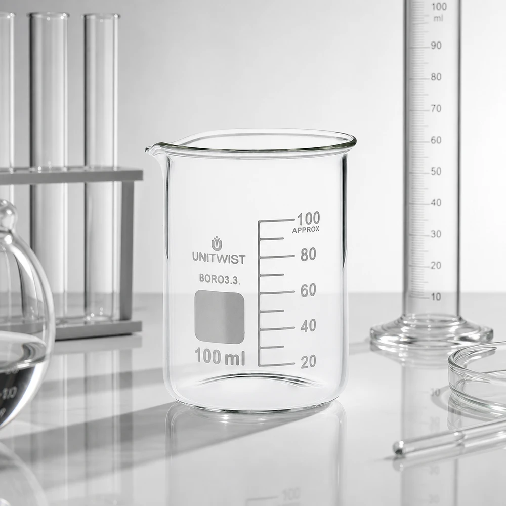Copo 100 ml de borossilicato, baixo teor de bolor UNiTWIST Copo de vidro vazio de 100 ml, borossilicato 3.3, de formato baixo, com escala em mililitros, para utilização em laboratório