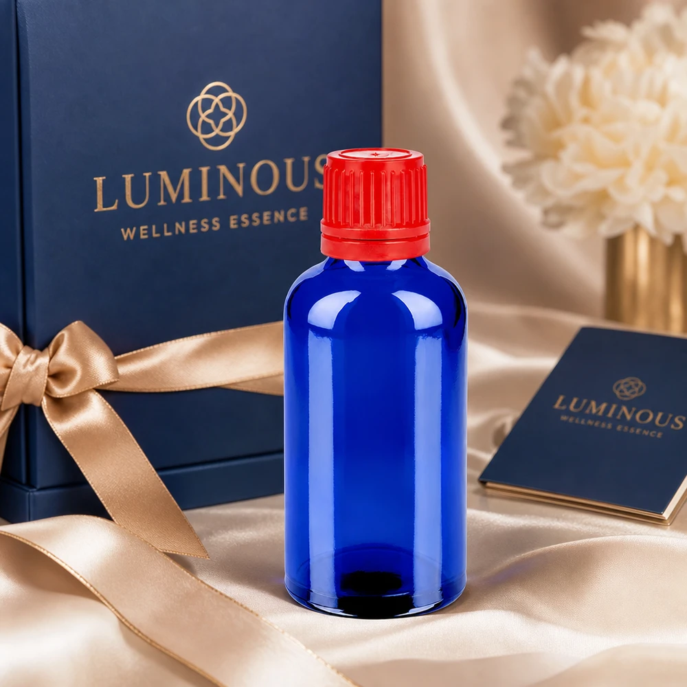 Frasco conta-gotas de 50 ml azul com tampa vermelha SV 11mm OV BlueLine UT18/50 para essência de bem-estar