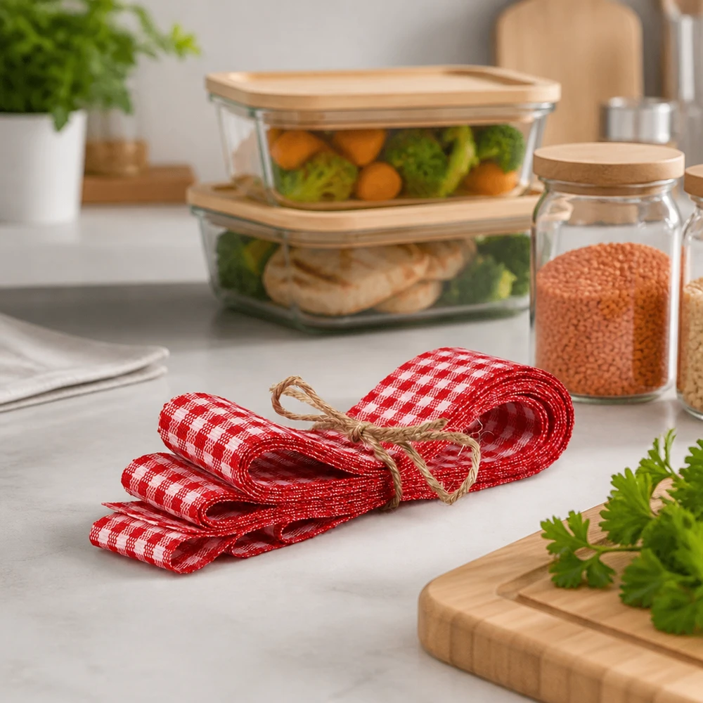 Fita de tecido vermelha/branca para decoração, 300 cm Fita de tecido axadrezado vermelho e branco de 300 cm com cordão de juta enrolada junto a latas de armazenamento e ervas frescas na bancada de trabalho