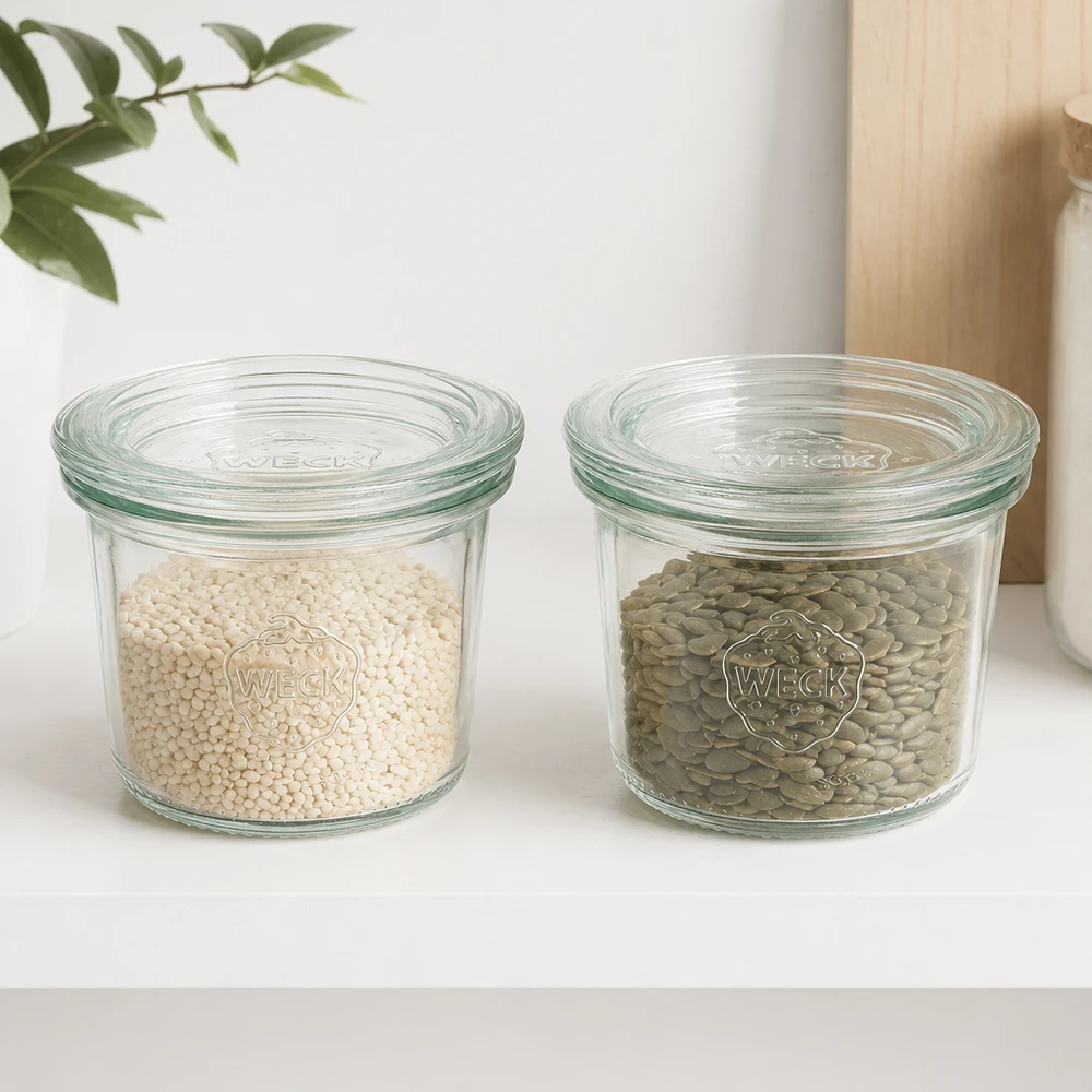 Frasco de vidro de 80 ml com tampa de vidro WECK RR60 Os copos WECK de 80 ml RR60 cheios de lentilhas e arroz mostram como é prático armazenar leguminosas e cereais