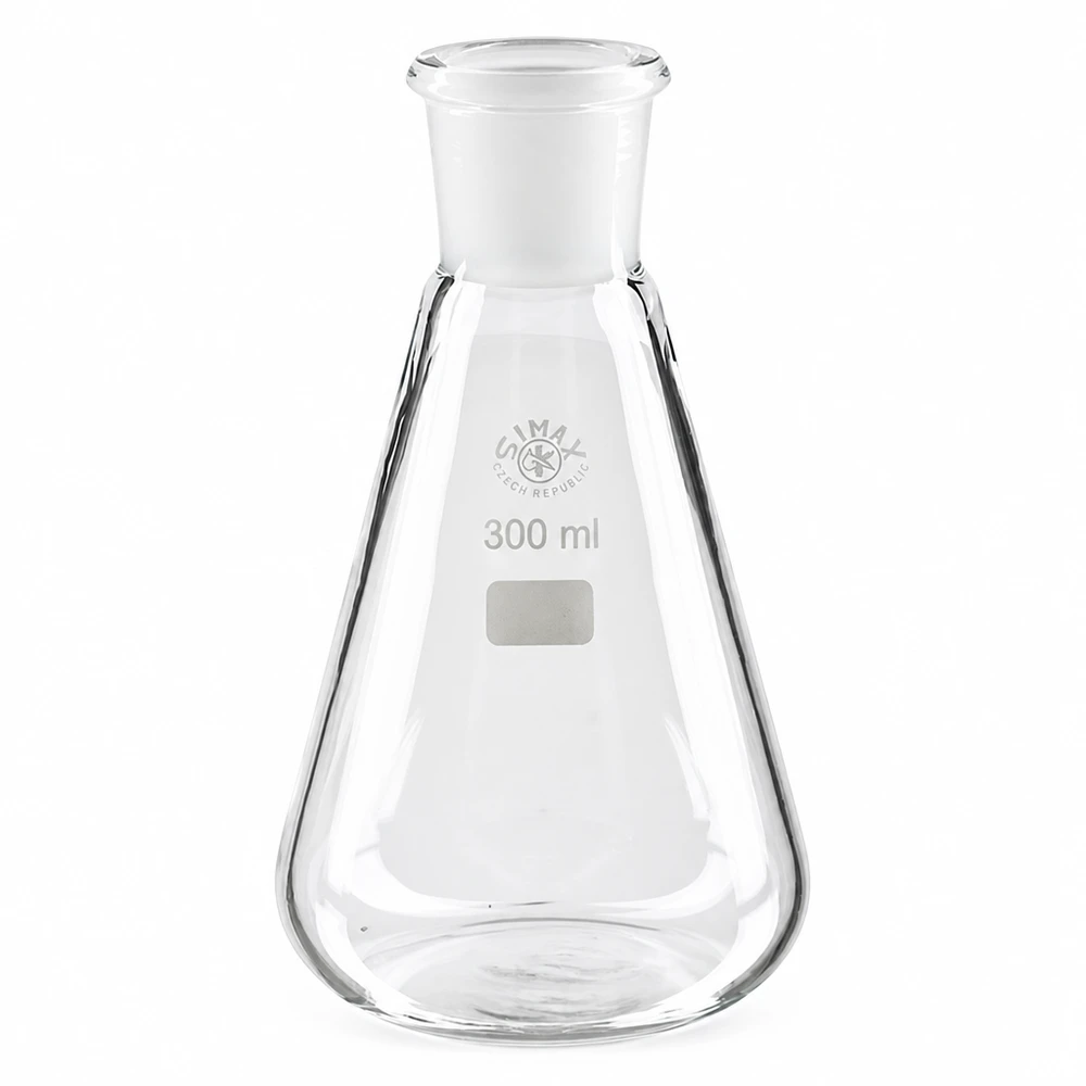 Erlenmeyer de 300 ml em vidro borossilicato com junta rectificada normalizada 29/32 para aplicações laboratoriais