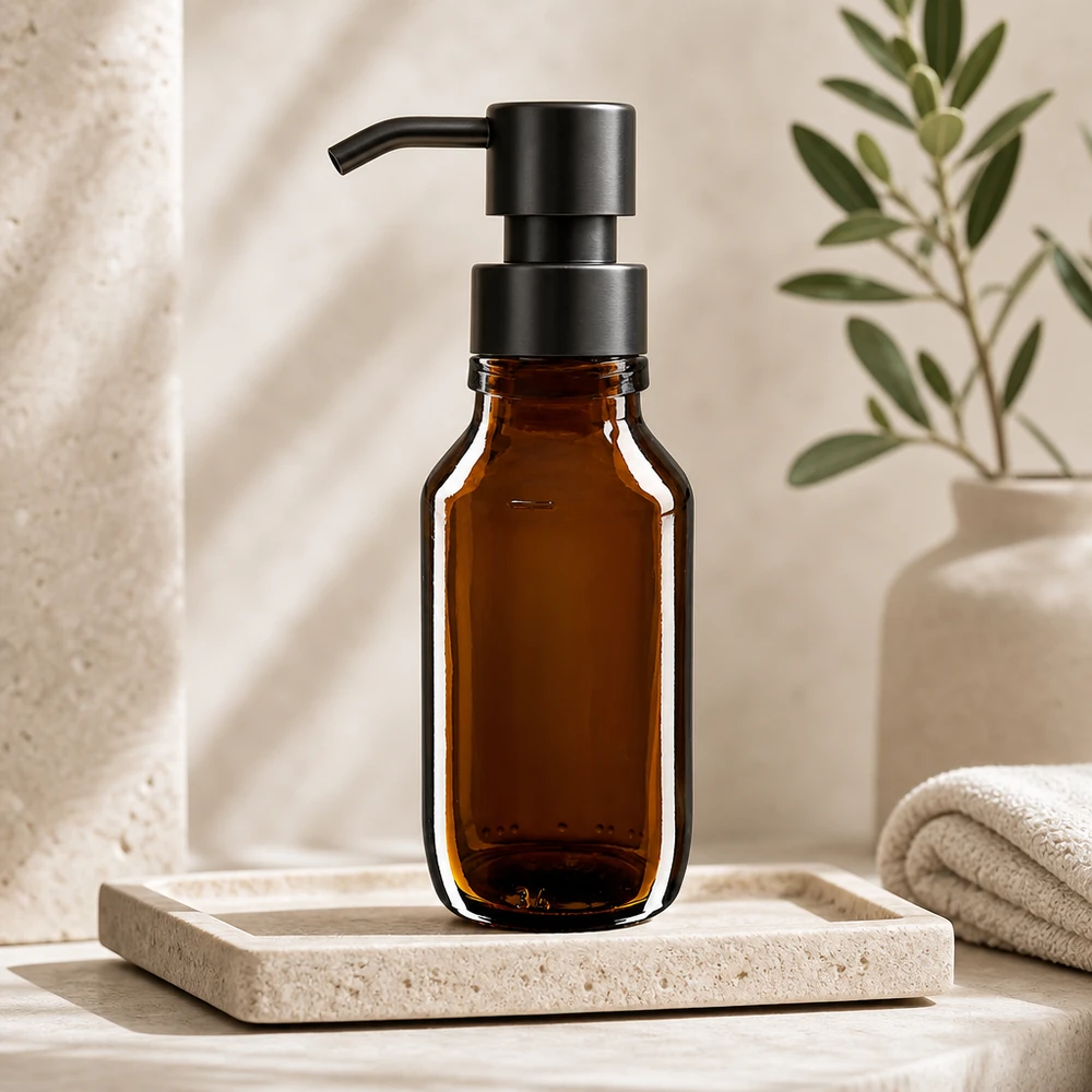 Frasco para medicamentos de 50 ml castanho, sem tampa PP28 ApoGlas Frasco de vidro castanho de 50 ml com doseador preto para cosméticos e cuidados da pele ApoGlas PP28