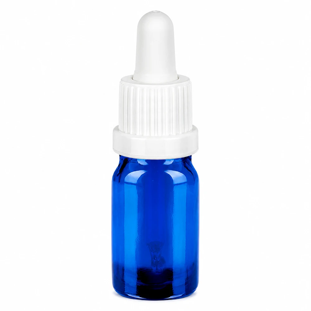 Frasco pipeta de 5 ml branco com fecho inviolável BlueLine UT18/5 Frasco de pipeta de 5 ml em vidro azul com tampa branca e pipeta para uma dosagem precisa