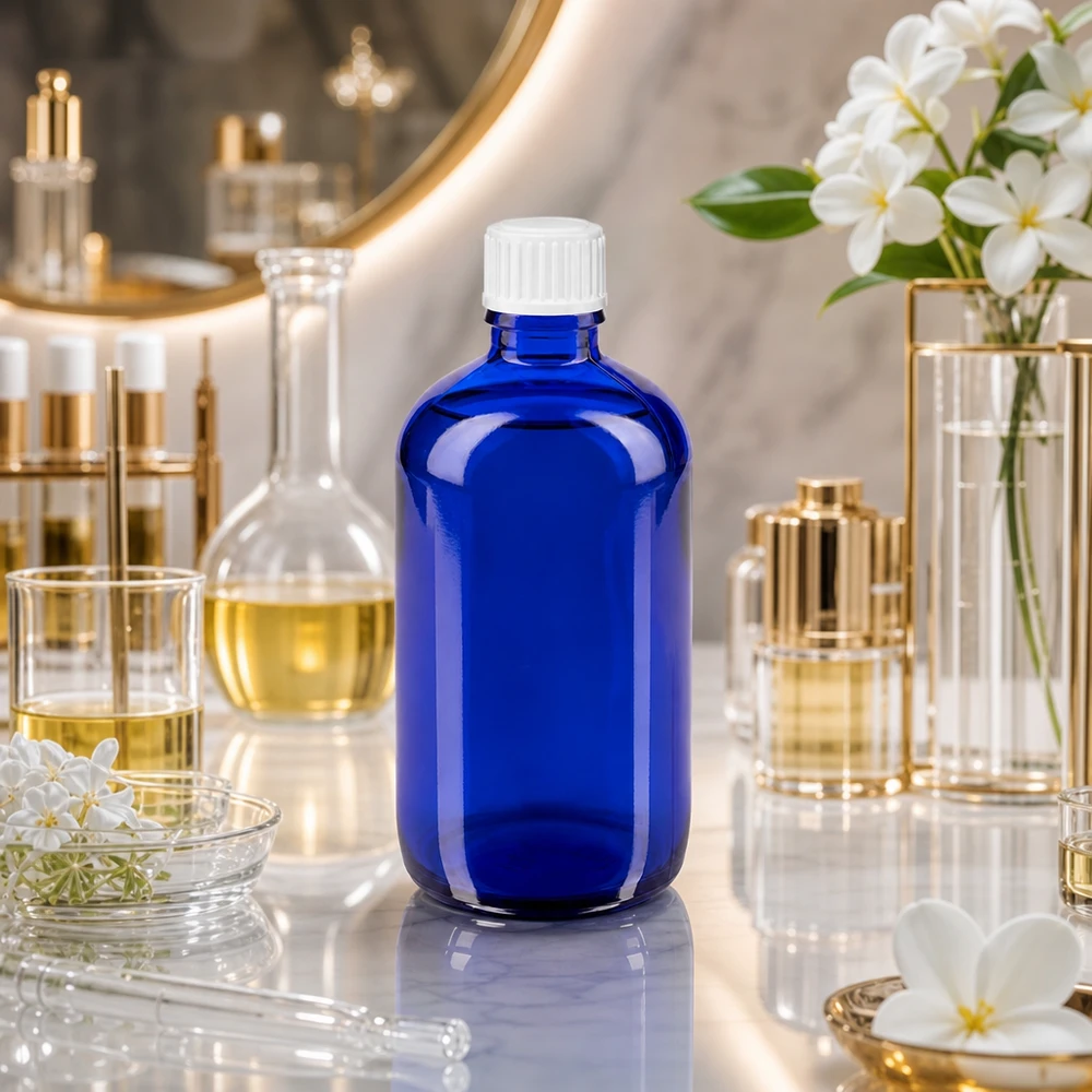 Frasco de farmácia de 100 ml, azul cobalto, com tampa padrão branca, num ambiente de laboratório