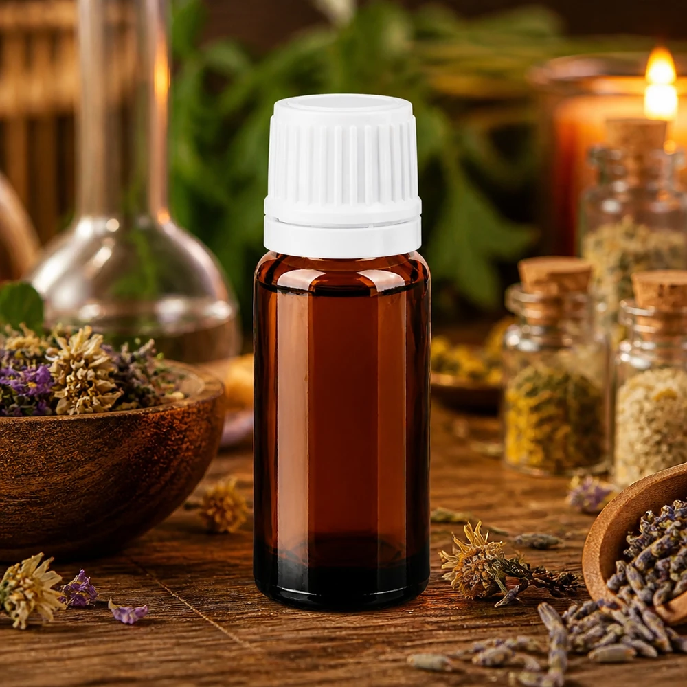 Frasco com proteção contra a luz, 10 ml, castanho, com tampa OV branca, para óleos e essências sensíveis aos raios UV
