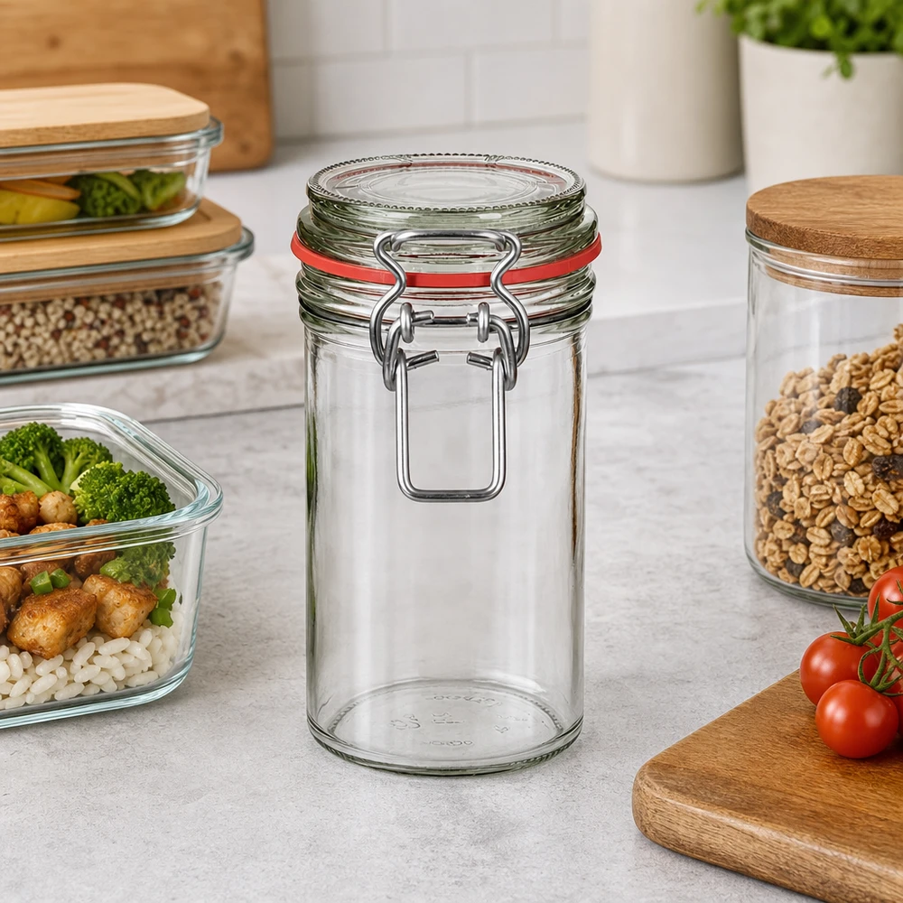 Frasco de armazenamento de 272 ml com tampa basculante vazio na bancada da cozinha ao lado de recipientes de armazenamento cheios e ingredientes frescos