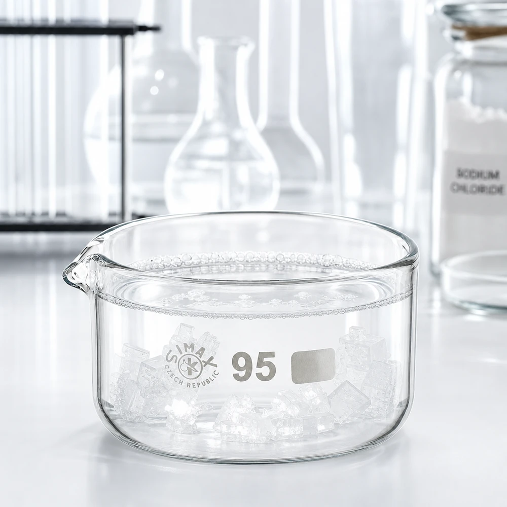 Taça plana de vidro de 300 ml, cheia de cristais de sal, para utilização em laboratório, com 95 mm de diâmetro
