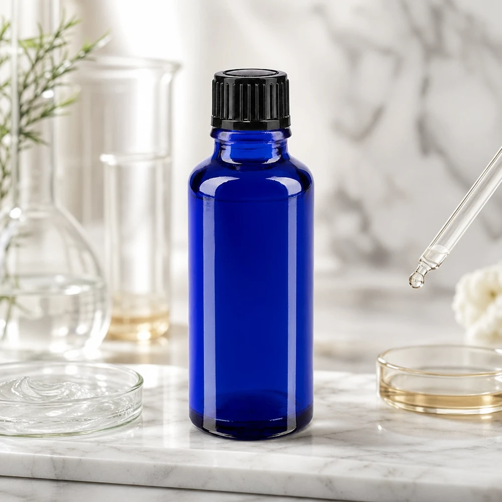 Frasco de farmácia azul 30ml tampa conta-gotas 1mm preto standard Frasco conta-gotas elegante de 30 ml, em vidro de farmácia azul cobalto, com tampa de rosca preta sobre fundo de mármore