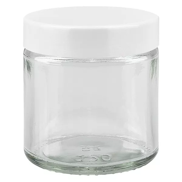 Frasco de vidro de 120ml transparente, com tampa de baquelite branca ApoGlas Frasco de vidro de 120ml transparente, com tampa de baquelite branca ApoGlas