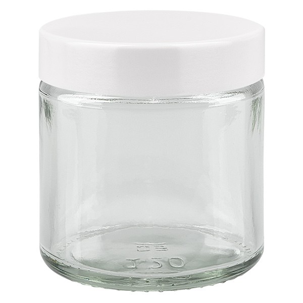 Frasco de vidro de 120ml transparente, com tampa de baquelite branca ApoGlas Frasco de vidro de 120ml transparente, com tampa de baquelite branca ApoGlas