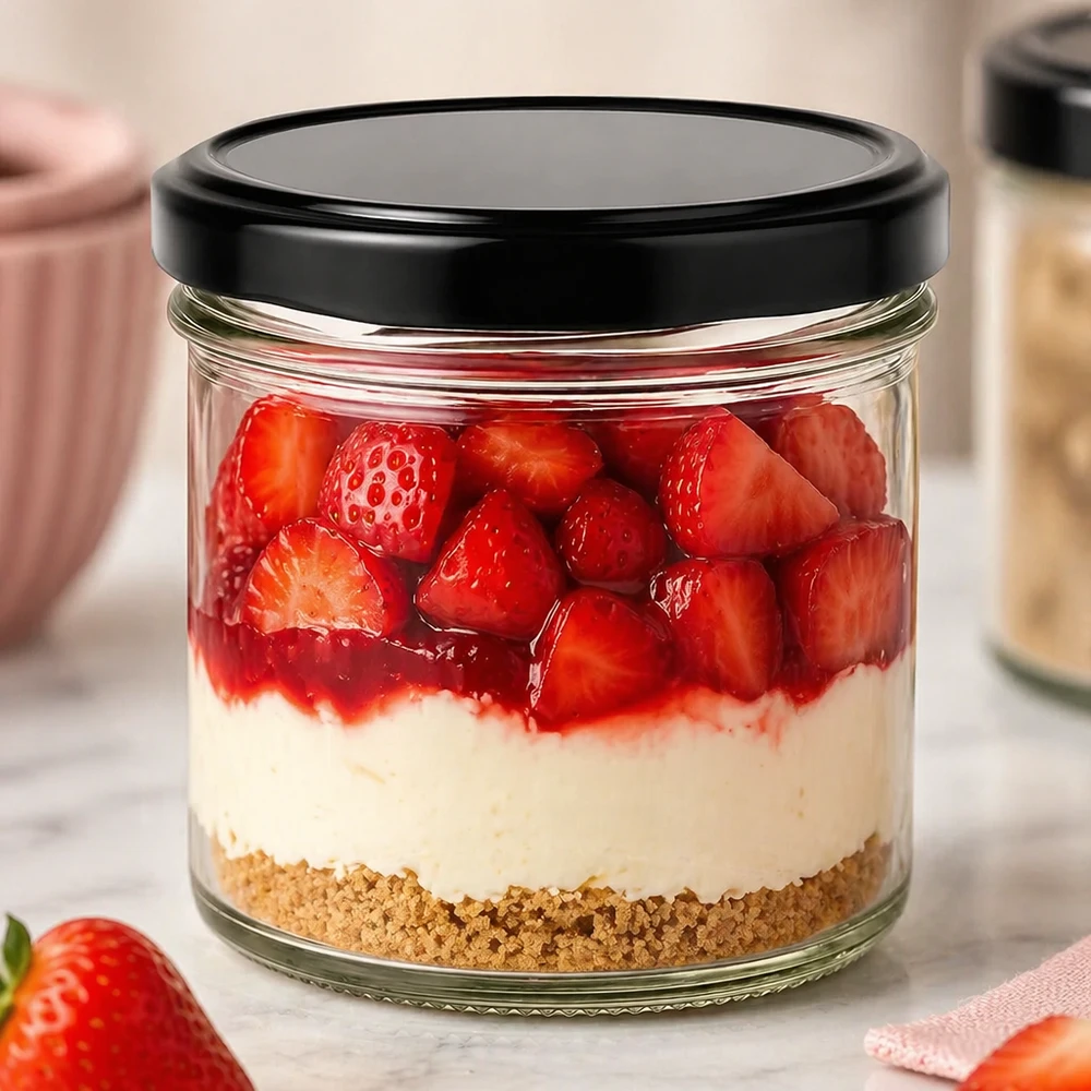 Copos de 125 ml com tampa BasicSeal preta como jarro de sobremesa com morangos, natas e cheesecake à base de biscoitos