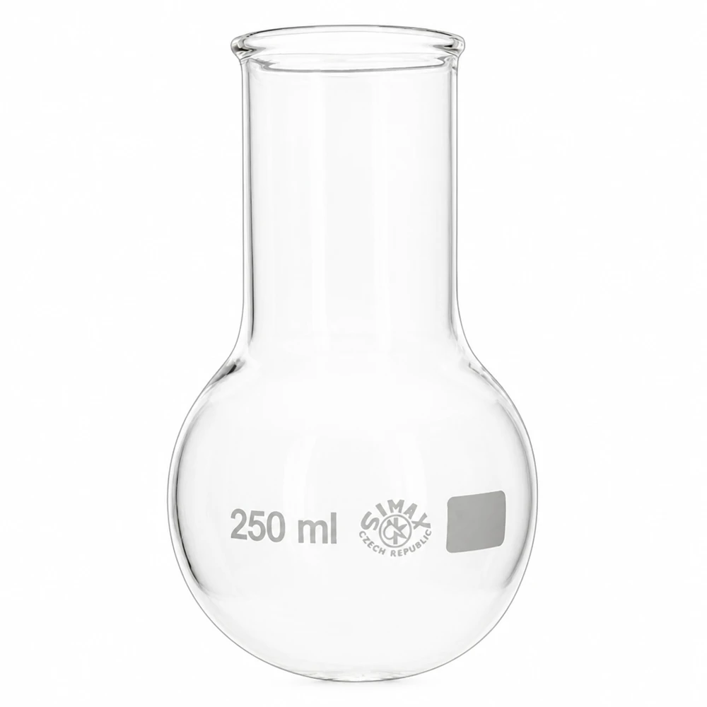 Balão de fundo redondo de 250 ml com gargalo largo em vidro de borossilicato para tecnologia de laboratório e experiências químicas