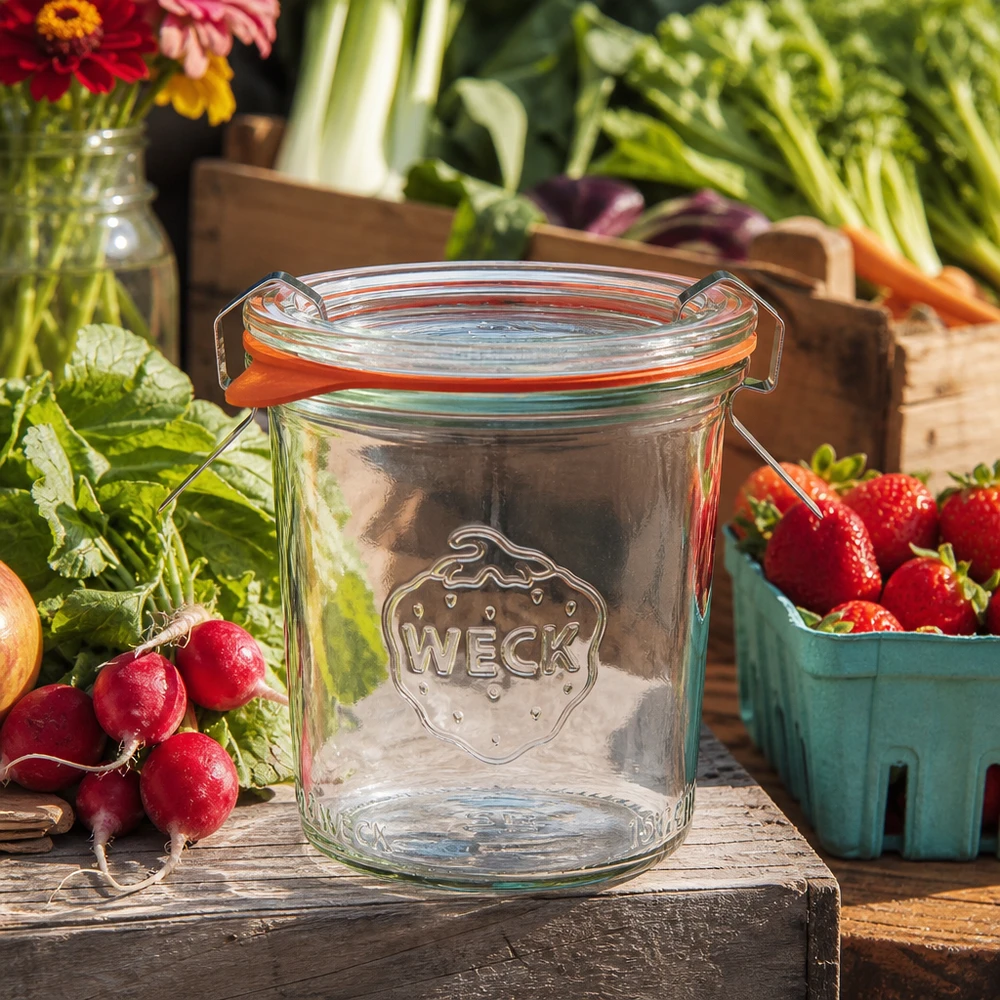 Copos WECK 160ml RR60 vazios com tampa basculante entre legumes frescos e fruta numa mesa de madeira rústica