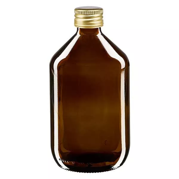 Frasco para medicamentos de 500 ml castanho, com tampa de alumínio dourada ApoGlas Frasco para medicamentos de 500 ml castanho, com tampa de alumínio dourada ApoGlas