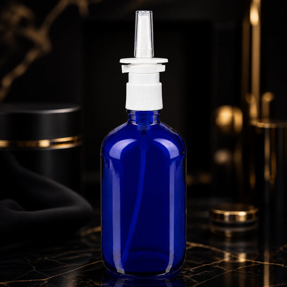 Frasco de spray nasal de 100 ml em vidro azul com bico dosador branco e bocal de plástico transparente