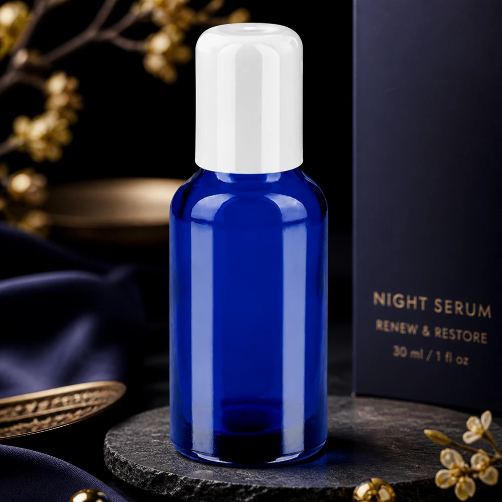 Frasco roll-on elegante de 30 ml em azul-cobalto com tampa de rosca branca para produtos cosméticos de qualidade superior