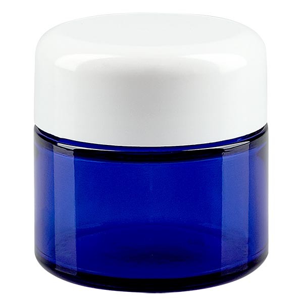 Frasco de vidro de 50ml. azul real, com tampa de baquelite branca ApoGlas Frasco de vidro de 50ml. azul real, com tampa de baquelite branca ApoGlas