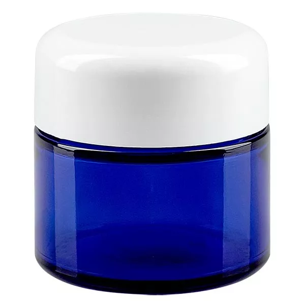 Frasco de vidro de 50ml. azul real, com tampa de baquelite branca ApoGlas Frasco de vidro de 50ml. azul real, com tampa de baquelite branca ApoGlas