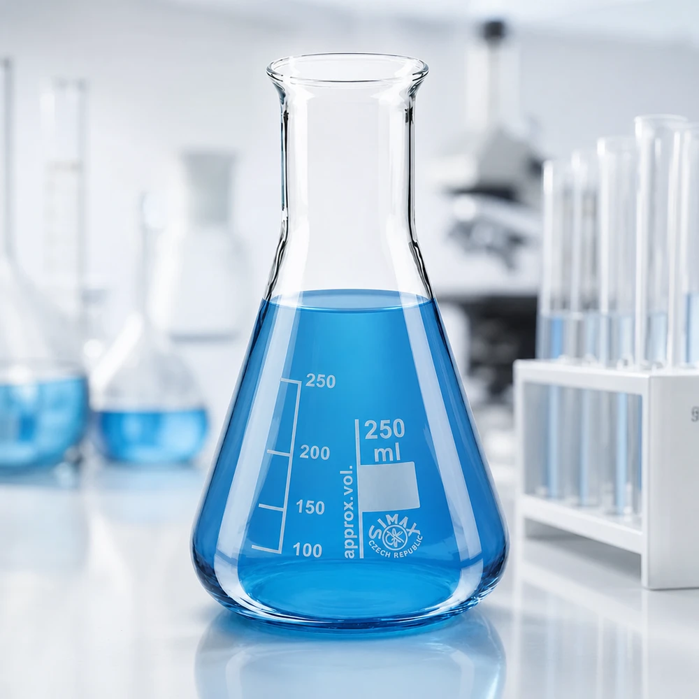 Balão Erlenmeyer graduado de 250 ml em vidro resistente ao calor com marcações precisas em mililitros