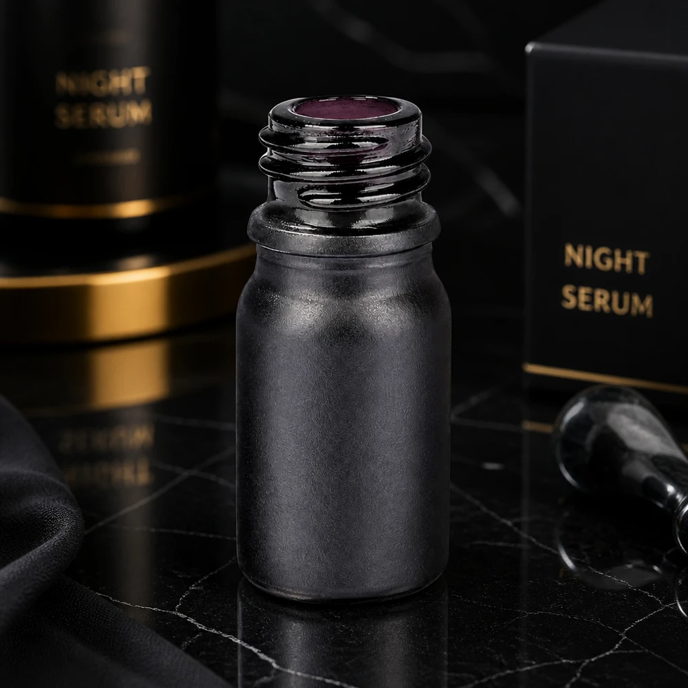 Frasco de farmácia de 5 ml BlackLine UT18/5 UNiTWIST Frasco de farmácia preto de 5 ml BlackLine UT18/5 em vidro violeta para cosméticos e soro de noite