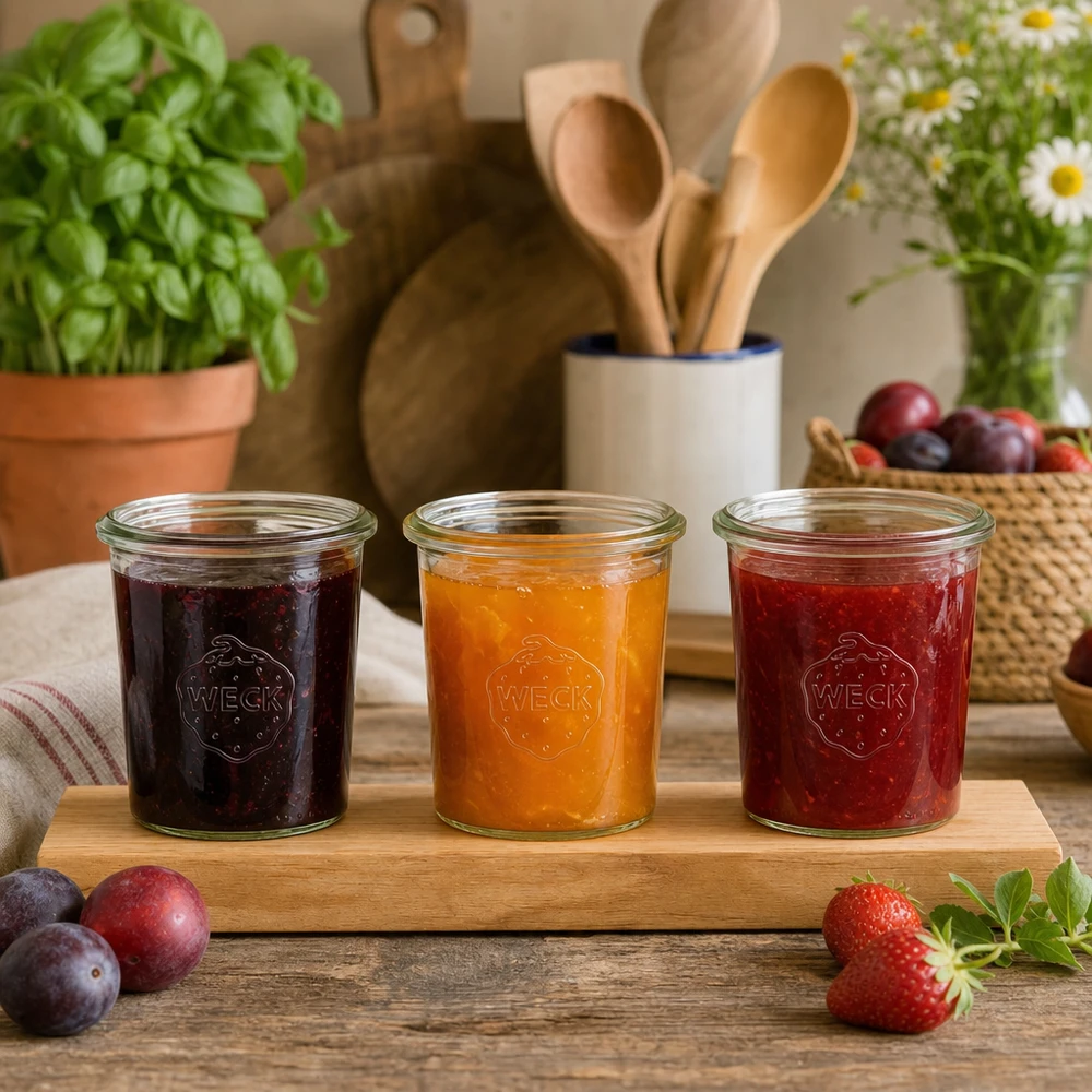 Tábua de servir Plano3 com 3 copos Weck de 160 ml Copos Weck de 160 ml numa tábua de servir de madeira cheia de compotas coloridas numa cozinha rústica