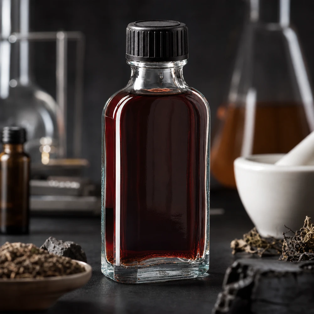 Tampa de rosca transparente Meplat de 50 ml com disco de vedação EPE Frasco de vidro Meplat transparente de 50 ml com conteúdo vermelho e disco de vedação em EPE num ambiente de laboratório